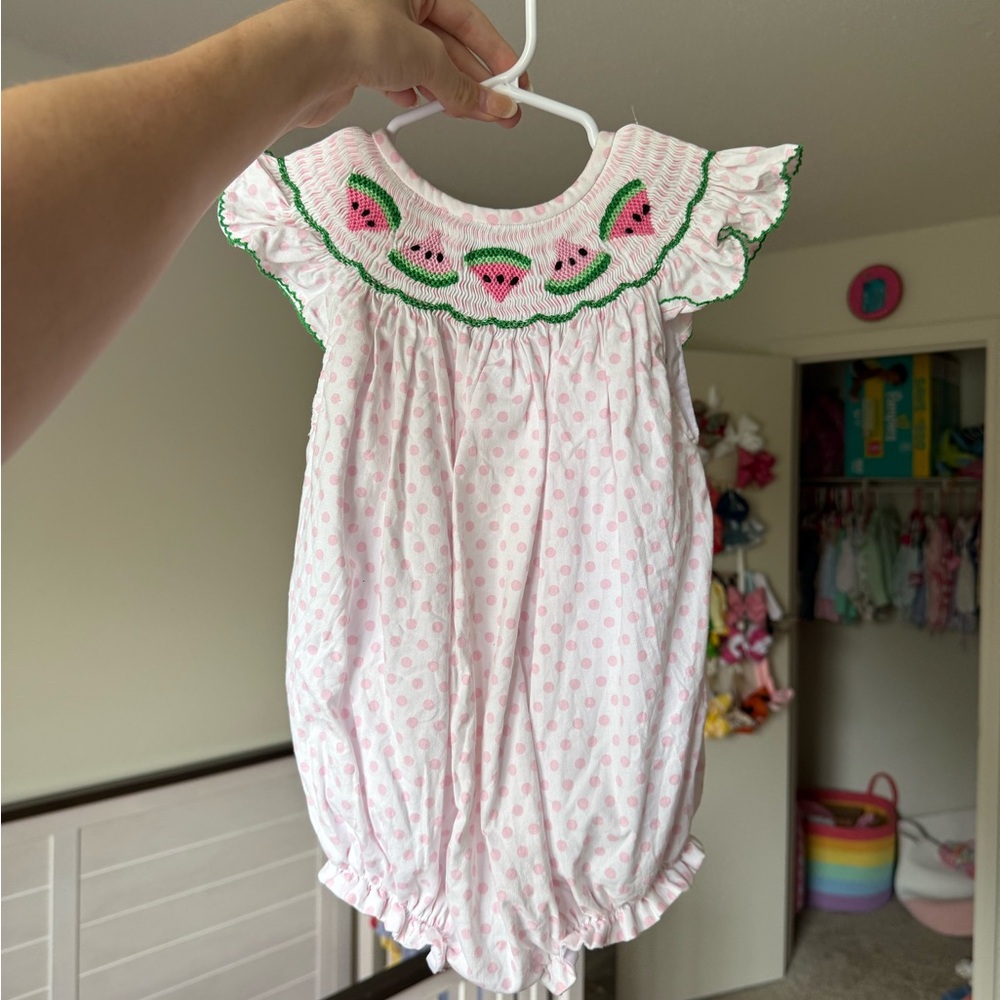 Smocked Pink Polka Dot Baby Romper with Watermelon Design